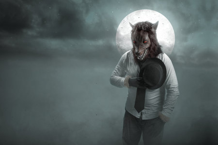 A werewolf with a full moon and night scene background. Halloween concept