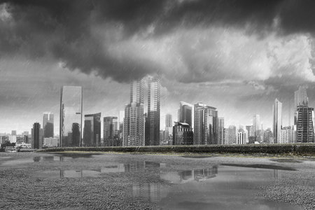 Street view with modern cityscapes and rainy backgroundの写真素材