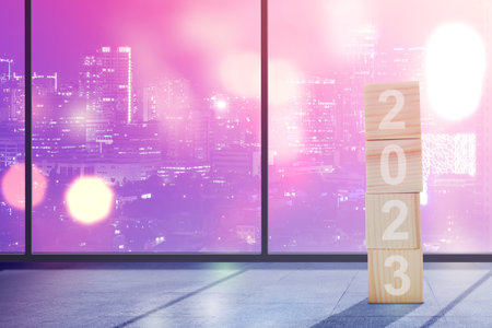 2023 with blurred light background. Happy New Year 2023