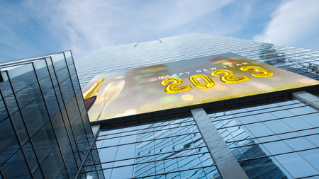 New year greeting on the billboard in the building. Happy New Year 2023