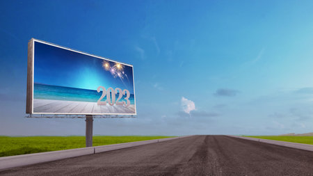 New year greeting on the billboard beside the street. Happy New Year 2023
