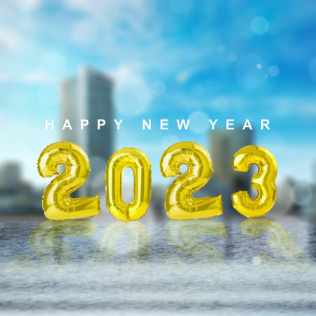 2023 with blurred light background. Happy New Year 2023