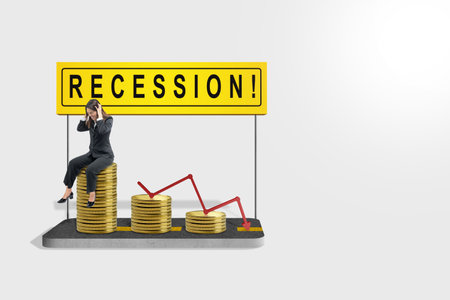 Asian businesswoman sitting on decreasing coin graph with recession sign on the street