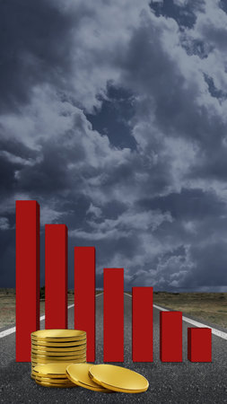 Decreased graph with coins on a dark cloud backgroundの写真素材