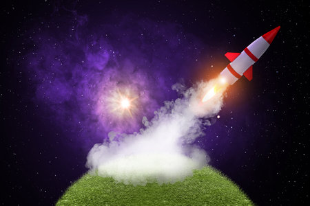Flying rockets in space. National Science Day
