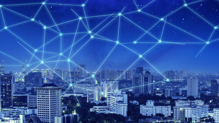 Network line on the city with a night scene. National Science Day