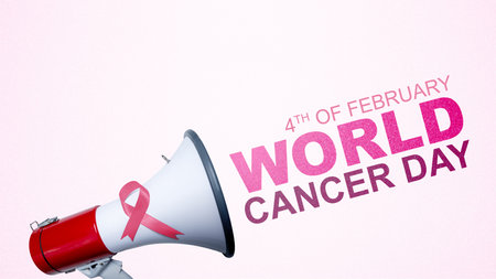 Purple ribbons on a megaphone with a colored background. World Cancer Dayの写真素材