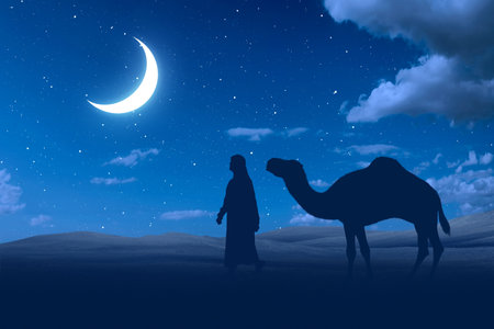 Silhouette of a man and camel crossing the desert with a night scene backgroundの写真素材