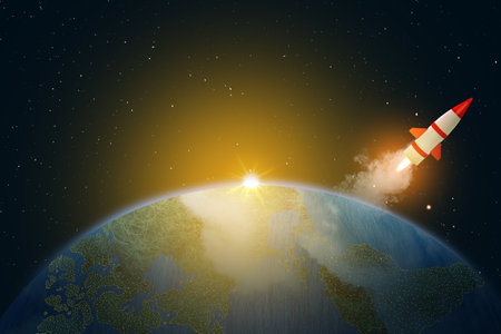 Flying rockets in space. National Science Day