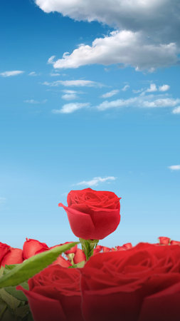 Red rose flower on the field with a blue sky backgroundの写真素材
