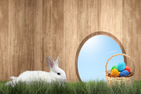 Colorful easter eggs in wooden baskets and a rabbit on the field. Happy Easterの写真素材
