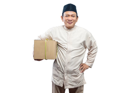 Asian Muslim man carrying box ready to mudik isolated over white background