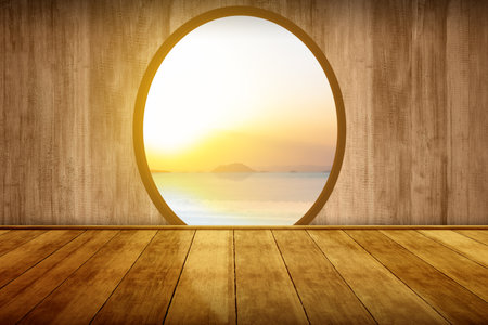 Wooden floor with the landscape of a lake with sunset sky backgroundの写真素材
