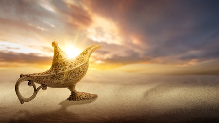 Golden Arabian lamp on the sand with sunset sky backgroundの写真素材