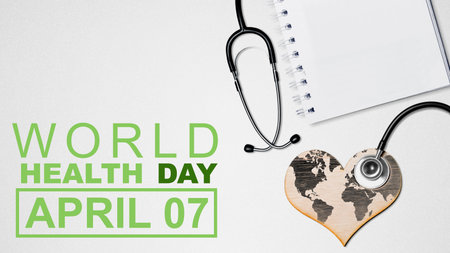 Stethoscope and heart with empty notebook on white background. World Health Day Conceptの写真素材