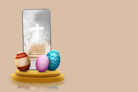 Colorful easter eggs and mobile phone screen with Christian cross view. Happy Easterの写真素材