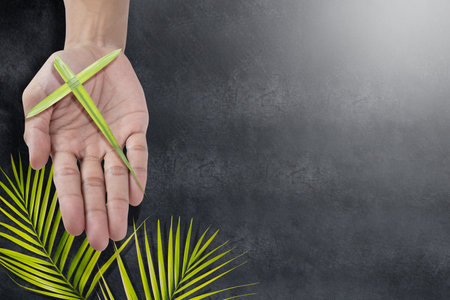 Human hand holding palm leaf with a cross shape. Palm Sunday Conceptの写真素材