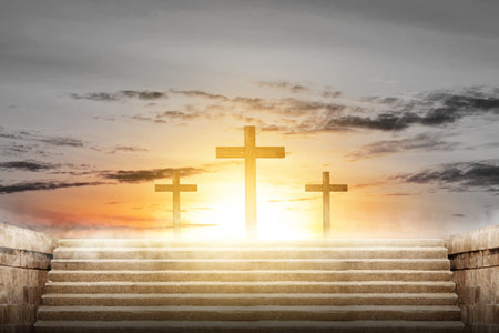 Cross with sunset scene background. Palm Sunday Conceptの写真素材