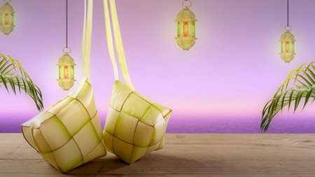 Ketupat (Rice Dumpling) is a traditional food of Indonesia during eid al fitr with a hanging arabic lamp backgroundの写真素材