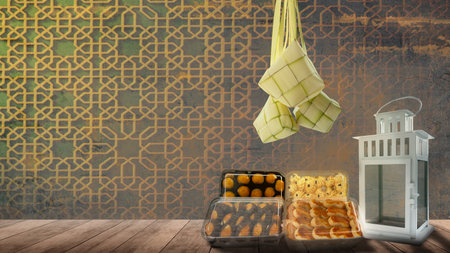 Assorted Indonesian cookies and Ketupat (Rice Dumpling) to celebrate eid al fitr (Kue Lebaran) on a colored backgroundの写真素材
