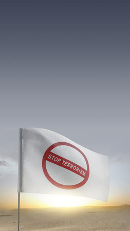 White flag with stop terrorism sign with sky backgroundの写真素材