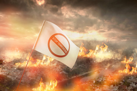 White flag with stop terrorism sign with ruined city backgroundの写真素材