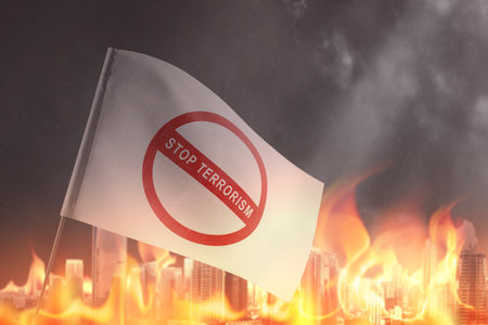 White flag with stop terrorism sign with ruined city backgroundの写真素材
