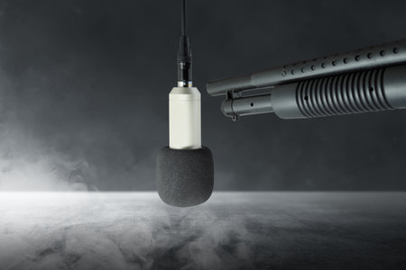 Gun aiming at the microphone. World press freedom day conceptの写真素材