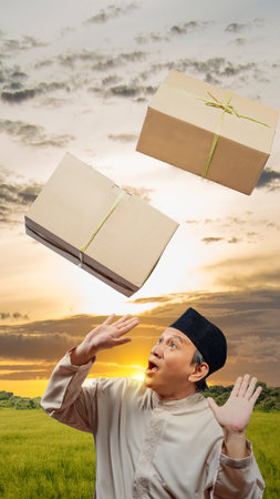 Asian Muslim man afraid of dropping box with sunset sky backgroundの写真素材