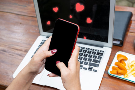 Female hand using mobile phones with love icons. Social media day conceptの写真素材