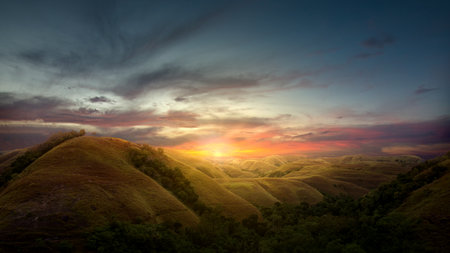 Green hills with landscape view with a sunset sky background. Nature backgroundの写真素材