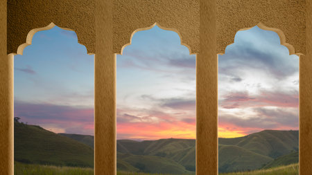 Mosque door arch with landscape view and sunset scene backgroundの写真素材