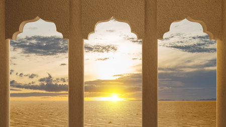 Mosque door arch with landscape view and sunset scene backgroundの写真素材