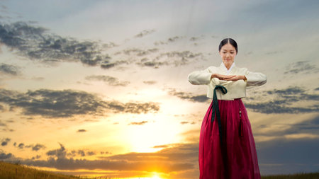 Asian woman wearing a traditional Korean national costume, Hanbok. Happy Chuseokの写真素材