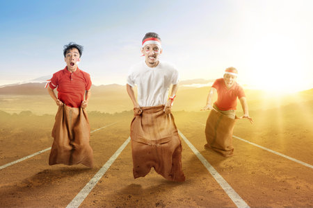 Indonesian people celebrate Indonesian independence day on 17 August with a sack race. Indonesian independence dayの写真素材