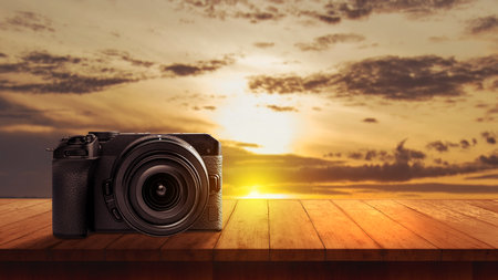 The camera with a sunset scene background. World Photography Dayの写真素材