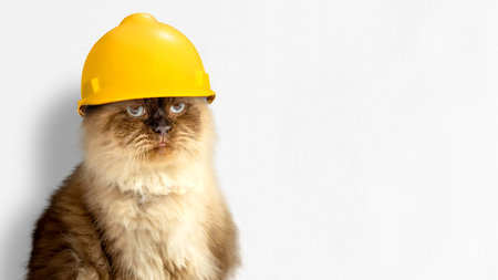Beige cat wearing a safety helmet. Labor day conceptの写真素材