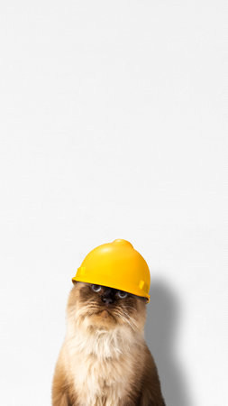 Beige cat wearing a safety helmet. Labor day conceptの写真素材