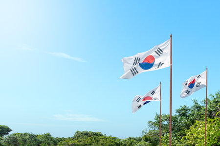 Korean flag waving in the sky. National Liberation Day of Korea conceptの写真素材