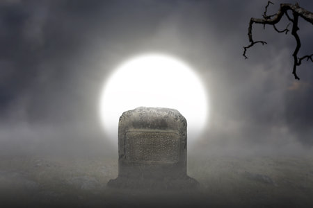 Tombstones on the graveyard with full moon background. Scary Halloween background conceptの写真素材