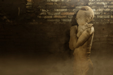 Mummy standing with a dark background. Scary Halloween conceptの写真素材