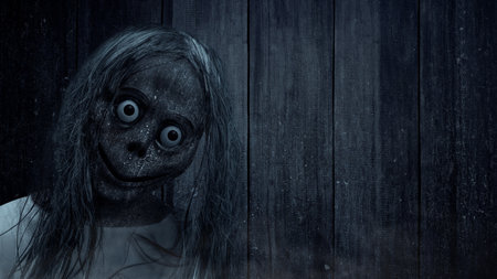 Scary Momo standing in the dark background. Scary face for Halloween. Halloween conceptの写真素材