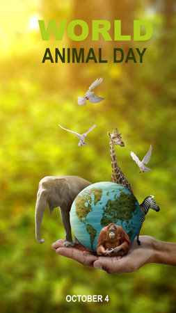 Human hand showing wildlife animal and earth. World Animal Day conceptの写真素材