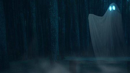 White ghost haunt on foggy forest in the night. Scary ghost Halloween conceptの写真素材
