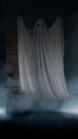 White ghosts haunt with white smoke background. Scary ghost Halloween conceptの写真素材