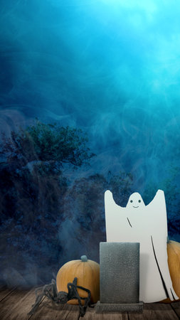 White ghost and pumpkin with a gravestone on the wooden floor with the misty forest background. Cute Halloween Wallpaper conceptの写真素材