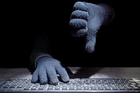 Human hand with thumb down sign gesture. Cyber Security conceptの写真素材