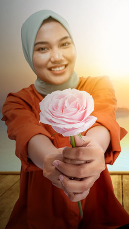 The girl in the veil showed a smiling expression. Happy smile face. World Smile Day conceptの写真素材