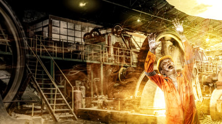 A scary construction worker zombie with blood and wounds on his body is walking on an abandoned...