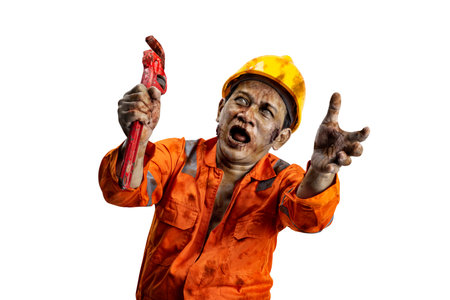 A scary construction worker zombie with blood and wounds on his body walking while carrying a pipe...